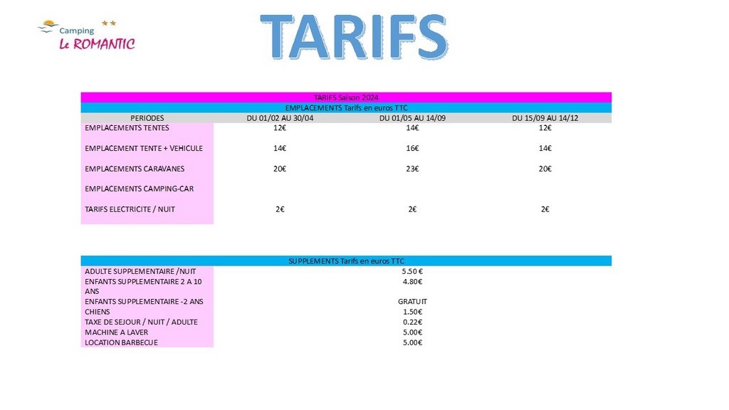 Tarif emplacement nuitée